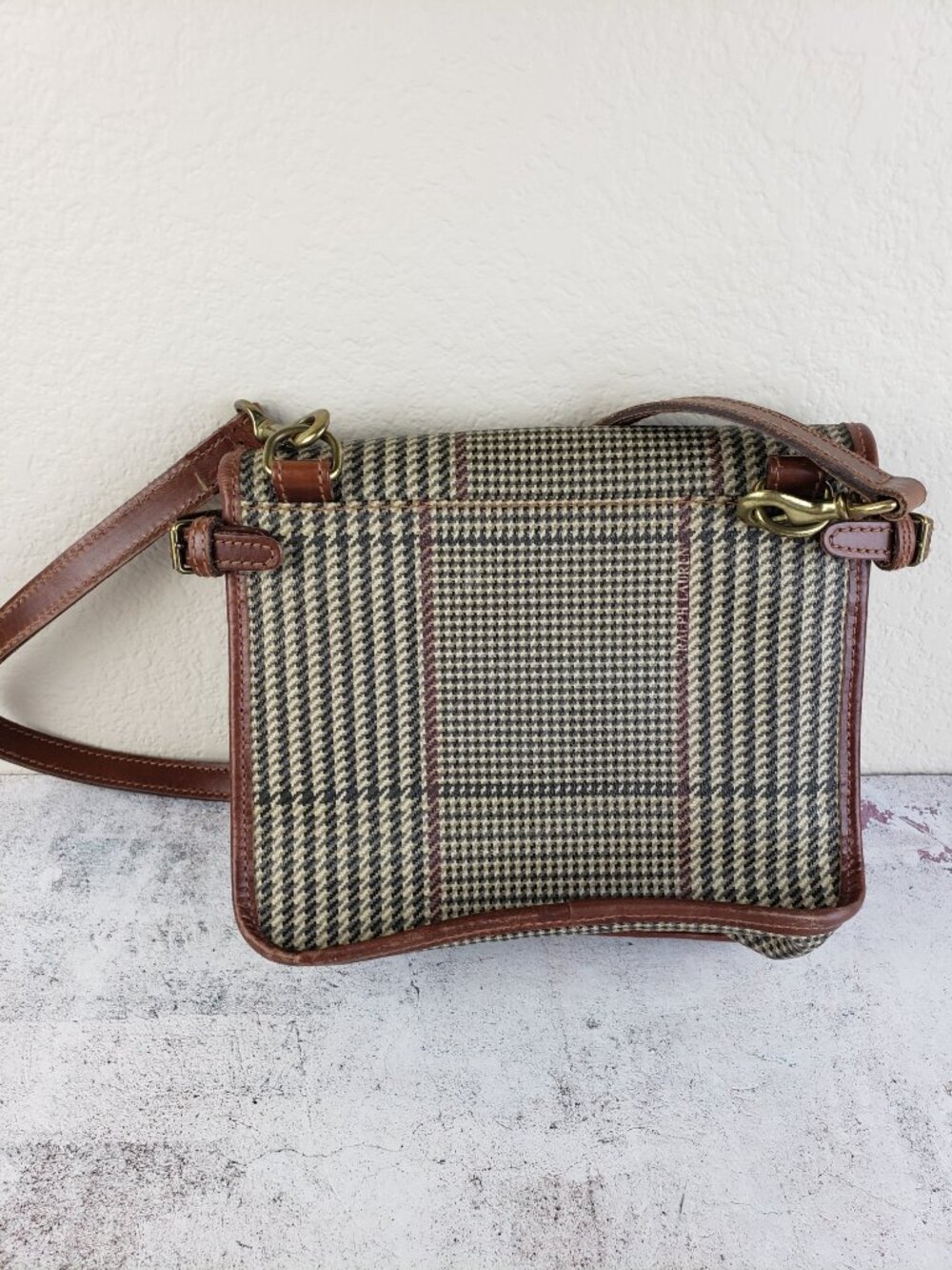 Vintage POLO Ralph Lauren Shoulder Bag Houndstooth Plaid Coated Canvas Leather - Picture 12 of 15